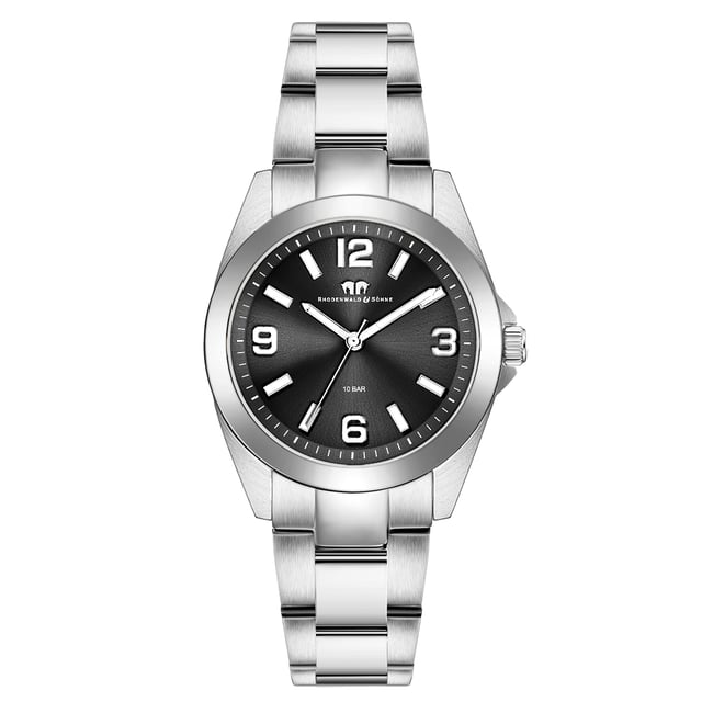 Are you looking for a watch with a timeless design in connection with your own character and excellent quality? Then this timepiece of the Rhodenwald & Sons brand is the perfect choice. The clock manufacturer stands for stylish and sustainable masterpieces for all generations: the women's watch inspires with a tidy dial, minimalist line indices, Arabic numbers, minute and luminiscant staff. The robust stainless steel housing and a suitable link strap made of stainless steel form an exciting contrast to the dark dial and fit harmoniously into the overall concept. A long-lasting quartz clock, a screwed housing floor and waterproof up to 10 ATM complete the exclusive equipment.