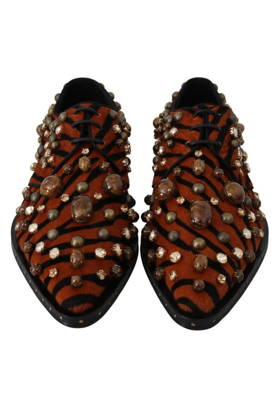 Dolce & Gabbana Women's Orange Pony Hair Crystal Dress Broque Shoes Brand: Dolce & Gabbana
Model: Dress shoes
Color: Orange and black animal Tiger pattern
Material: Pony hair
Multicolor crystals
Sole: Leather
Made in Italy
Exclusive and high craftsmanship