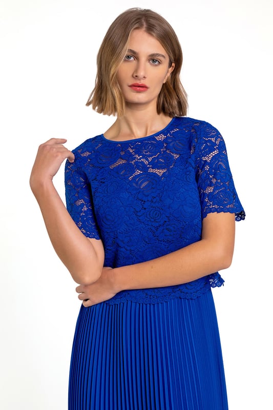 Lace Top Overlay Pleated Midi Dress