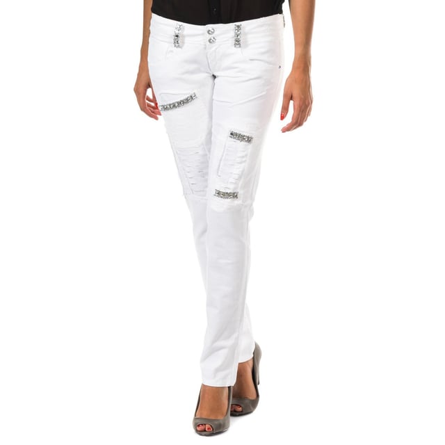 Long denim pants.
 Zipper and button closure on the front.
 Waist with belt loops.
 Loops with rhinestone application.
 Two open pockets and mini pocket on the front.
 Open pocket application with rhinestone detail on one side of the front.
 Application of patches with rhinestones.
 Custom label application by the brand, on the side of the waistband.
 Zipper and button closure application on the side of one of the bottoms.
 Skinny cut bottoms.
 Seams seen in tone.
 Composition: 97% Cotton.- 3% Elastane.
 Care:
- Wash maximum at 40ºC.
 - Iron at medium temperature, max. 110ºC.
 - Allows you to use a dryer.
 - Do not use bleach.
 - Does not support dry cleaning.