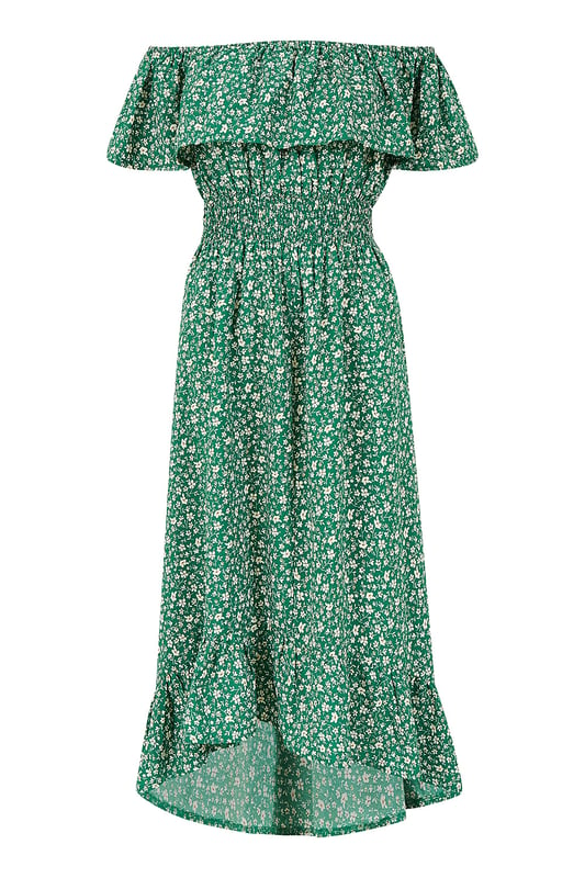 Mela Green Ditsy Daisy Printed Dipped Hem Bardot Dress