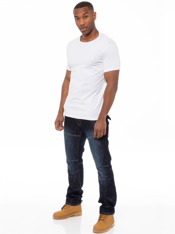 Turn up your style a notch with the latest midwash mens jeans. Enzo straight fit jeans in cotton blend blue denim feature a zip fly, double belt loops, seams at knee and thigh and back pockets with flaps. Straight leg jeans never go out of style and are perfect for relaxed weekends; tailored to sit just below the natural waist, they suit all figure types and with sizes up to 48, theres a pair of Enzo jeans to fit everyone. Also available in Blue, Grey and Black.
