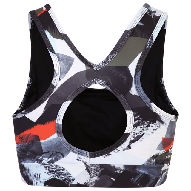 82% Recycled Polyester, 18% Elastane. Fabric: Jersey, Q-Wic, Soft Touch. Design: Abstract, Logo. Fabric Technology: Moisture Wicking. Back Style: Cut Out. Low Impact, Removable Bust Pads. Sustainability: Made from Recycled Materials. Neckline: Scoop.