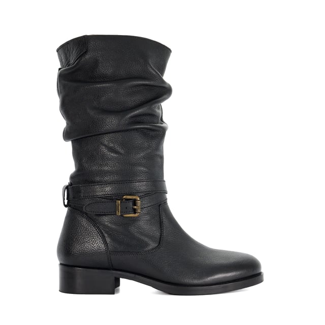 Dune Ladies Tasa - Leather Mid Calf Boots Crafted from premium leather, elevate your cold-weather collection with our Tasa mid-calf boots. Featuring a low block heel and ruched leather detailing, this style can be worn with everything from skinny jeans to tiered maxi skirts.
