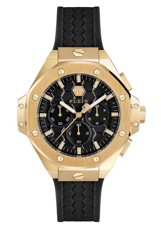This Philipp Plein Plein Chrono Royal Chronograph Watch for Unisex is the perfect timepiece to wear or to gift. It's Gold 42 mm Round case combined with the comfortable Black Silicone watch band will ensure you enjoy this stunning timepiece without any compromise. Operated by a high quality Quartz movement and water resistant to 5 bars, your watch will keep ticking.