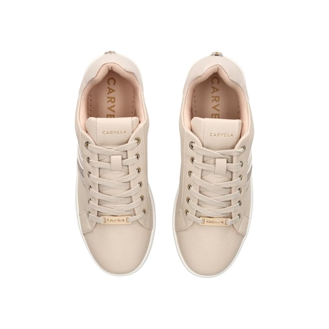 This Carvela Rapid trainer features a beige upper with tonal metallic stripe detail. The front laces up with gold tone branding details.