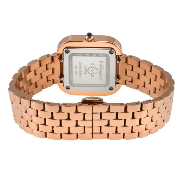 GV2 Bellagio Women's Swiss Made Diamond Silver-White Dial, IPRG Bracelet Watch
GV2 Bellagio Diamond
Attempting to capture the brilliance of GV2's Bellagio collection is a task fit for the daring, yet we willingly embrace the role of the fool to describe this sensational Women's timepiece. The Bellagio Swiss Movement Diamond Watch transcends the realms of luxury; it stands as an exquisite and extraordinary masterpiece that effortlessly commands attention. While the name Bellagio may evoke images of majestic fountains, this timepiece goes beyond expectations, drawing inspiration from the "Pearl of Lake Como"—a charming Italian town known for its glamour and romance. The 30mm square case, adorned with a double diamond-cut ring bezel, creates layers of diamond indulgence that captivate the senses. The silver and white dial, embellished with 8 diamonds in a square formation, adds a third dimension of opulence, a sight to be admired and revered. Exuding grandeur, the Roman numeral hour markers embellish this feast for the eyes, complemented by GV2's impeccable Swiss Quartz movement. Whether embraced by authentic Italian leather strap with a tang buckle or a metaled bracelet with a deployment buckle, both options generously set the stage for Bellagio's push-pull crown adorned with a blue cabochon stone. In the realm of luxury, good things are often found in small packages, and Bellagio epitomizes this concept with the look of layers upon layers of diamonds. Is it over the top? Perhaps, but in the most delightful way. The Bellagio has us all raising our glasses to 'la dolce vita.'