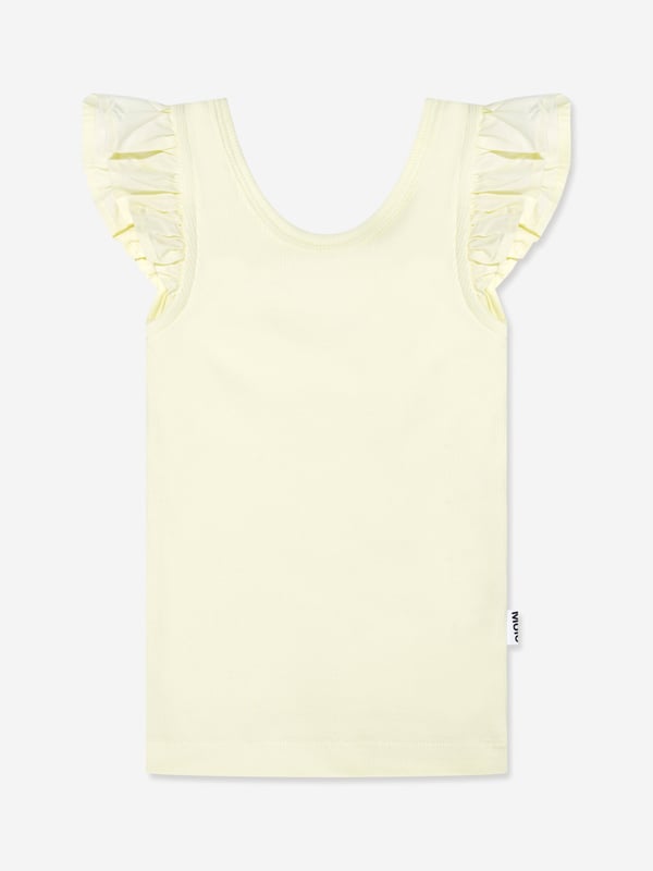 A cute and functional design, this girls Ranja top in yellow is a piece she will want to wear repeatedly. Depicted by Danish brand Molo, it features cut out ruffle sleeves and a scoop neck. Stylish and practical, she will look effortlessly fabulous.  Ruffle Design  Sustainable Scoop Neck