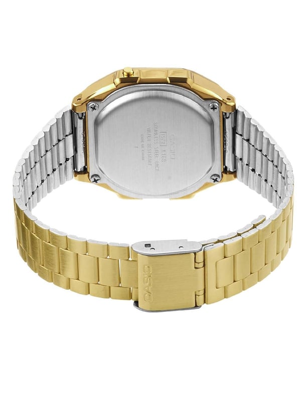 This Casio Casio Collection Digital Watch for Unisex is the perfect timepiece to wear or to gift. It's Gold  Rectangular case combined with the comfortable Gold Stainless steel watch band will ensure you enjoy this stunning timepiece without any compromise. Operated by a high quality Quartz movement and water resistant to 3 bars, your watch will keep ticking. This is a perfect elegant and casual watch for you, it's a great gift for family or friends -The watch has a calendar function: Day-Date, Stopwatch, Alarm, 24 hour display, Light High quality 20 cm length and 21 mm width Gold Stainless steel strap with a Fold over clasp Case diameter: 35x38 mm,case thickness: 9 mm, case colour: Gold and dial colour: LCD