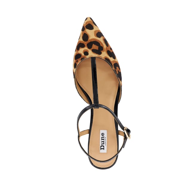 Dune Ladies Harler - Boucle T-Bar Flats Our timeless Harler t-bar flats have been crafted with a pointed boucle toe and a comfortable cream low block heel. Finished with chic gold hardware on the adjustable ankle strap.