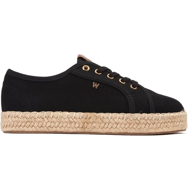 Womens black Wrangler jane shoes, manufactured with textile and a rubber & rope sole. Featuring: gold hardware, wrangler branding, rope edge sole and branded insole.