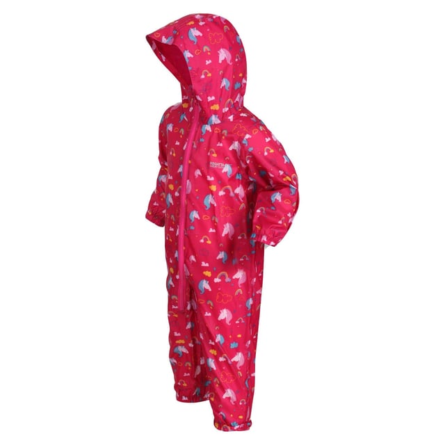 Regatta Infants Waterproof Puddle Suit in Pink The kids Puddle ll all-in-one from Regatta. This waterproof and breathable puddle suit will keep the littlest of adventurers dry and comfortable. Lightweight fabric with elasticated waist and cuffs and a grown on hood will keep them dry in all weather. Material: 100% Polyester. Ref: RKW263WN1.