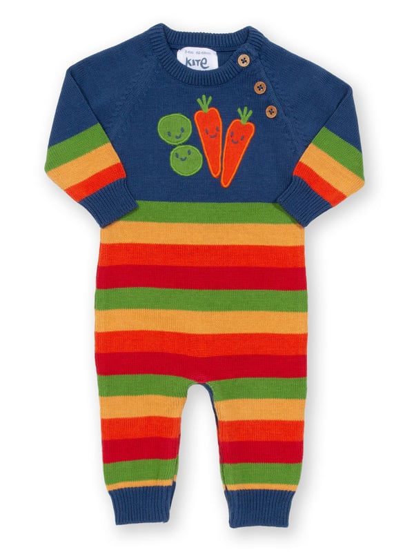 Colourful and cute! Perfect for playing or snoozing, this beautiful veggie knit romper is comfy, practical and great for the season. Featuring Kite's vibrant rainbow stripe and gorgeous veggie appliqué design.