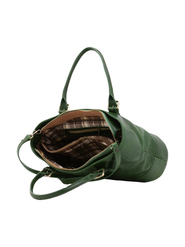 Damen-Umhängetasche mit Reißverschluss. zwei Innentaschen mit Reißverschluss. fehlende Außentaschen. abnehmbarer Schultergurt aus Leder. im Ledergriff. zwei Innenfächer.  Außenmaterial. Innen mit Baumwolle gefüttert. Maße: 28x43x16 cm. Hergestellt in Italien