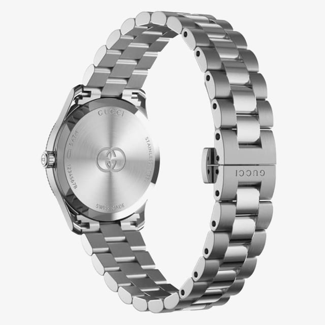 Marke GUCCIUhrenmarkierungenStäbeWasserdicht 50 MeterGeschlecht FrauenUhrwerk QuarzGehäusematerial EdelstahlZifferblattfarbe SilberArmbandmaterial EdelstahlDurchmesser 29mmMarkenkollektionen G-Timeless