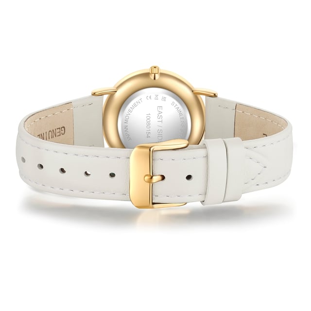 GENERAL INFORMATION:  • Targetgroup: Female  • Wristwatch: No Special Functions  • Display: analogue  • Weight of watch w/o box (gr.) - approx.: 27,0  MOVEMENT:  • Movement: Quartz  • Term of Movement: 2025  • Origin of movement: Japan  BRACELET:  • Material of bracelet/strap: Genuine leather  • Plating of bracelet/strap: None  • Finishing of bracelet/strap: Smooth  • Finishing/Decoration of bracelet/strap: Seam  • Clasp/Closure/Buckle: Buckle  • Color of bracelet/strap: White  • Length of bracelet/strap (mm) approx.: 210,0  • Width of bracelet/strap (mm) approx.: 18,0  • Style/Design of bracelet/strap: No imprint  • Bracelet/strap adjustable?: No  CASE:  • Shape of case: Round  • Size/Diameter of case in mm . approx.: 33,0  • Height of case in mm: 6,7  • Case material: Metal (Alloy)  • Surface of case: Polished  • Bezel/Topring: Fixed  • Finishing/Decoration of case: None  • Material of case back: Stainless steel  • Lock of case back: No screwed-in crown  • Color of case: Yellowgold  • Coating/Plating (Case): Ion-Plating (IP)  • Type/Form of crystal: Flat  • Material of crystal: Mineral crystal  • Water resistant (ATM): 3  DIAL:  • Size jewelry care cloth: Hour, Minute  • Indices: Roman numerals/points  • Material of dial: Brass  • Structure/pattern of dial: sunray  • Color of dial: White  PUSHER, CROWN, HAND:  • Pusher: None  • Corrector: No  • Crown: No screwed-in crown  • Type of hands: Dauphine hands  • Luminescent (hands): No  PACKAGING & SCOPE OF DELIVERY:  • Box: Yes  • Service booklet: Yes  • Manual: Yes