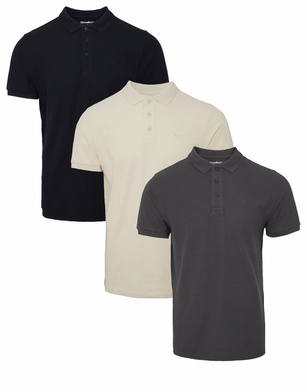 Upgrade your casual wardrobe with this three pack of short sleeve pique polo shirts from Threadbare. Cut in a regular fit, these polos feature a ribbed collar with button fastening, ribbed cuffs and the signature Threadbare embroidery on the chest. Made from 100% cotton pique, they are perfect for everyday wear but will still look smart for evenings out. Team with chinos or jeans to complete the look.