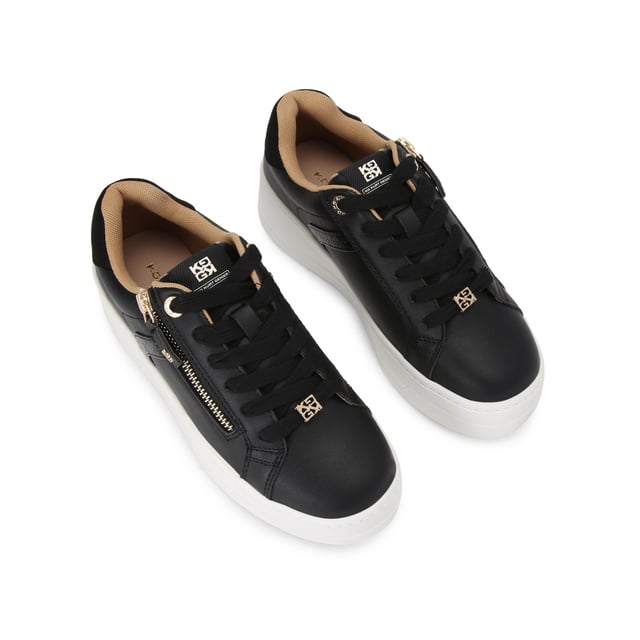 This KG Kurt Geiger Lottie Lace Up sneaker arrives in black with wide laces and a gold zipper to one side. The hardware is gold and the chunky sole is in white.