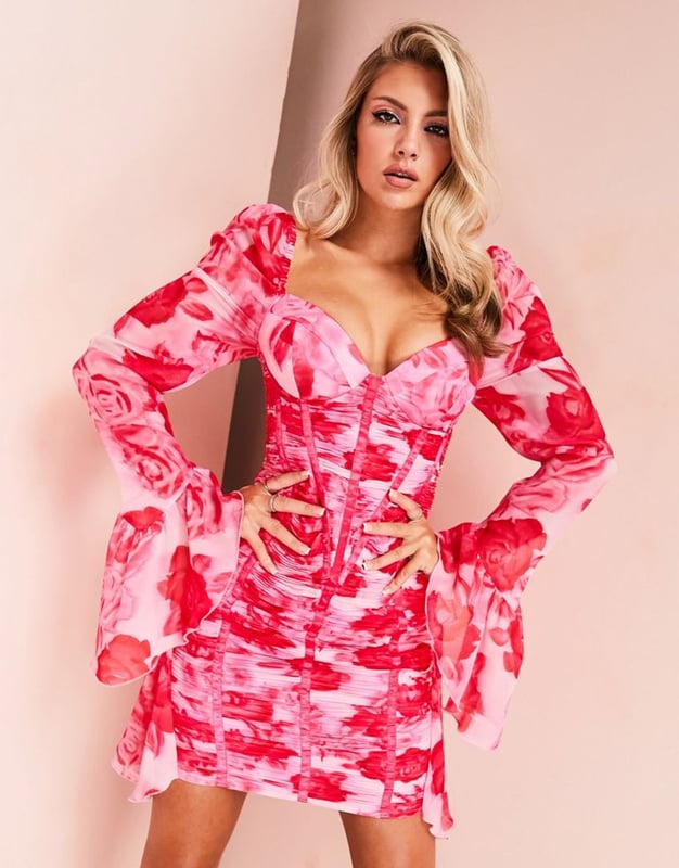 ASOS LUXE chiffon ruched corset long sleeve mini dress in pink floral-Multi