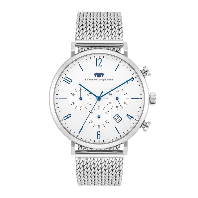 The high-end men's watch from the Rhodenwald & Sons manufacture combines the functionality of sporty chronographs with the subtle elegance of a dresswatch. The functions of 24-hour display, stopwatch and date are integrated into a tone-in-tone dial-a perfect companion not only in the office, but also in leisure time, for a suit as well as for jeans. The model convinces with a robust stainless steel housing, slim sticker, totalists in the popular tricompax arrangement and a durable quartzwerk. Consistent eye-catcher is the filigree mesh look of the Milanaise bracelet made of stainless steel.