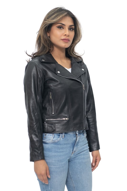 The jacket style was made iconic by Marlon Brando in the 50s and is recognisable by the double-breasted design which features a wide notched lapel and an off centred YKK zip. This jacket is made practical by the addition of four total zipped pockets, two of which are placed horizontally at the waist a further two positioned at the side of the breast. For additional comfort we also feature zips at the cuffs and a buckled waist to allow you to customise the jacket fit according to your preference. • 100% premium ultra-soft nappa leather • Slim fit and shorter in length • Furnished with off centred YKK zip fastening and wide notched lapel • Features 4 zipped exterior pockets and zipped cuffs