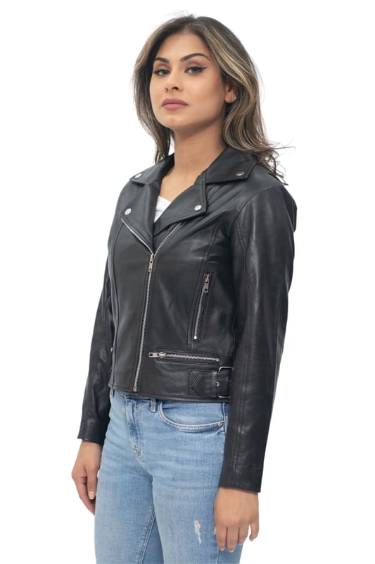 The jacket style was made iconic by Marlon Brando in the 50s and is recognisable by the double-breasted design which features a wide notched lapel and an off centred YKK zip. This jacket is made practical by the addition of four total zipped pockets, two of which are placed horizontally at the waist a further two positioned at the side of the breast. For additional comfort we also feature zips at the cuffs and a buckled waist to allow you to customise the jacket fit according to your preference. • 100% premium ultra-soft nappa leather • Slim fit and shorter in length • Furnished with off centred YKK zip fastening and wide notched lapel • Features 4 zipped exterior pockets and zipped cuffs