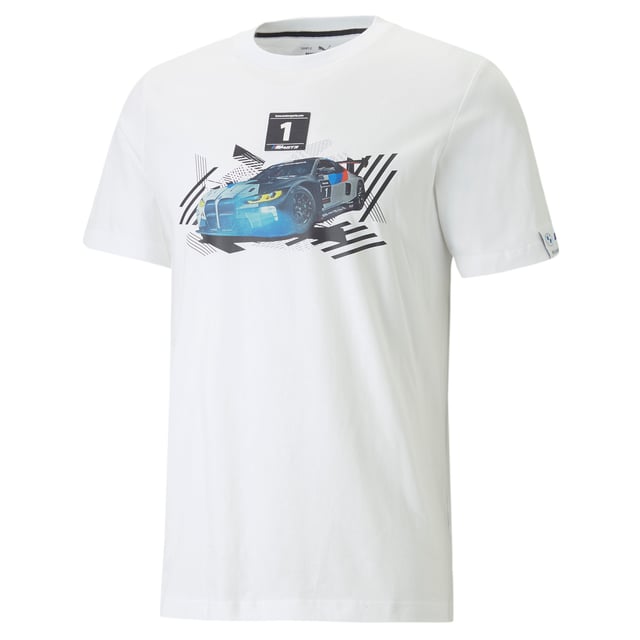 PRODUCT STORY: Leave the haters in the dust with this tee from our long-time collaboration with BMW M Motorsport. The sleek minimalism of the design is contrasted by a chaotic and colourful graphic depicting the BMW M4 GT3 on the chest. DETAILS: Regular fit; Crewneck; Shortsleeve; Regular length; Jersey fabric; PUMA Cat Logo and BMW M Motorsport label on the sleeves. Our model is 184 cm tall and is wearing size M.