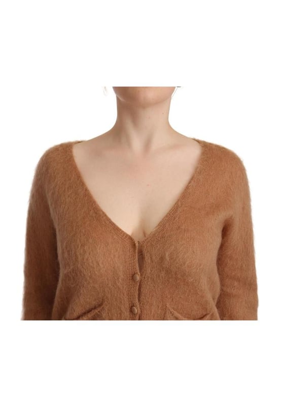 Brand: PINK MEMORIES
  Color: Brown
  Long sleeve knitted cardigan sweater
  Front button closure
  Logo details
  Material: 36% Acrylic 30% Mohair 30% Nylon 4% Wool
  Perfect for colder weather
  Versatile and timeless design
  Ideal for both special occasions and everyday wear