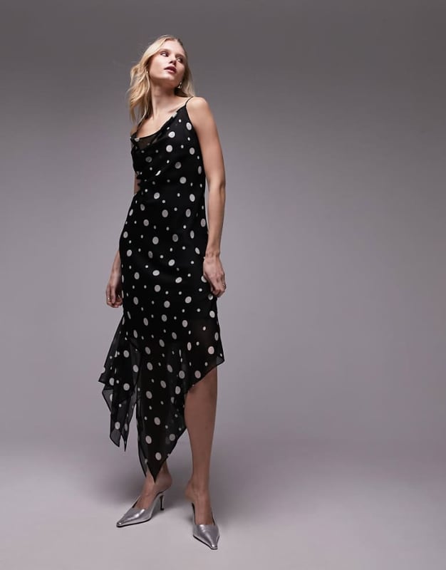 Topshop sheer midi slip dress in mono spot-Multi Dresses by Topshop Welcome to the next phase of Topshop Cowl neck Fixed straps Tie-back fastening Asymmetrical hem Regular fitSold By: Asos
