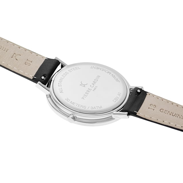 This Pierre Cardin Belleville Park Analogue Watch for Men is the perfect timepiece to wear or to gift. It's Silver 41 mm Round case combined with the comfortable Black Leather watch band will ensure you enjoy this stunning timepiece without any compromise. Operated by a high quality Quartz movement and water resistant to 3 bars, your watch will keep ticking. This casual and modern watch is perfect for all kind of casual activities, indoor activities or daily use, it's also a great gift for family and friend. High quality 21 cm length and  18 mm width Black Leather strap with a Buckle Case diameter: 41 mm,case thickness: 5.8 mm, case colour: Silver and dial colour: White