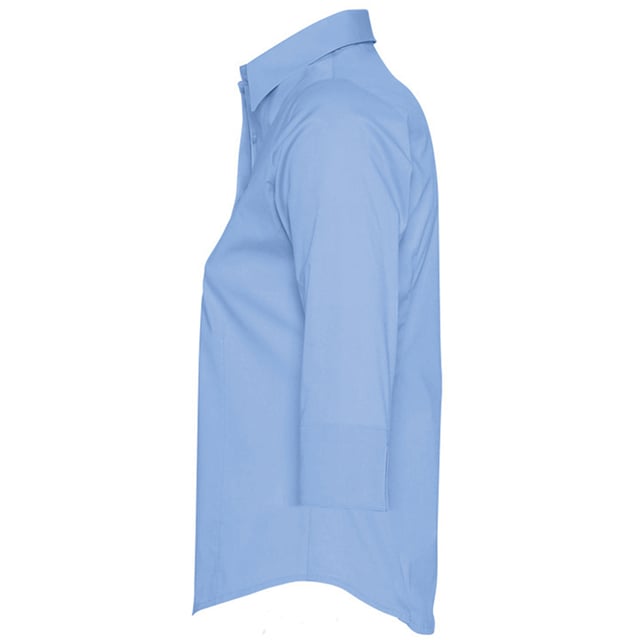 Stretch fabric. Stiffened collar. Self colour buttons. Slitted cuffs. Front and back darts. Curved hem. Fabric weight: 140 gsm. Material: 97% cotton/3% elastane. Ladies size: XS(6/8), S(8/10), M(10/12), L(12/14), XL(14/16), XXL(16/18).