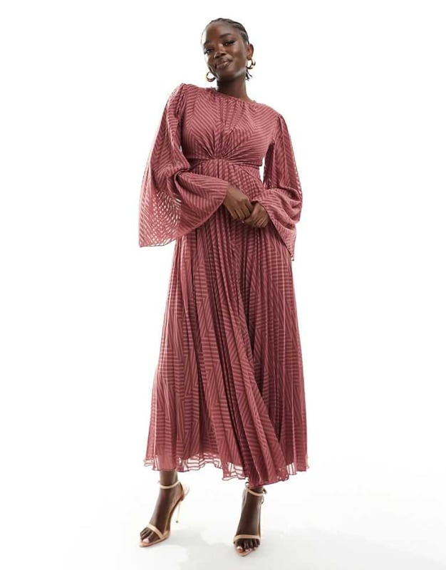 ASOS DESIGN tie back fluted sleeve pleated chevron chiffon midi dress in  rose-Pink