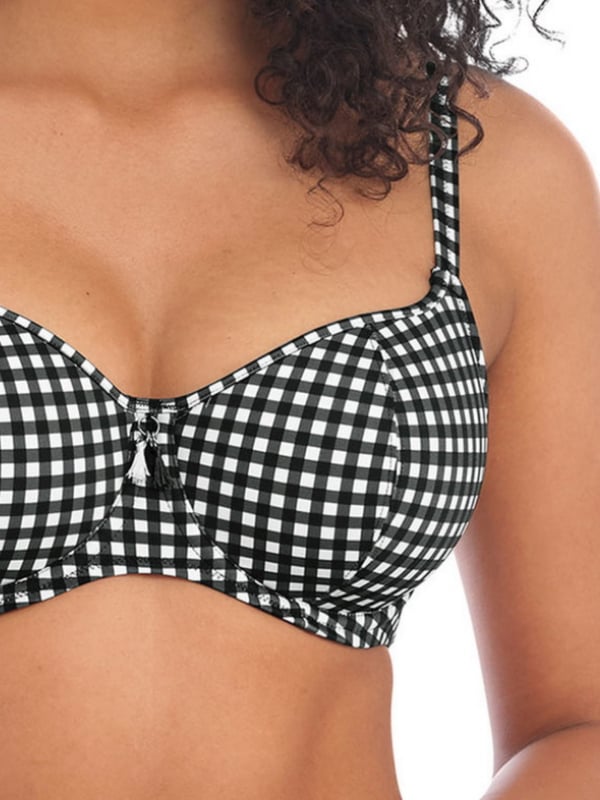 Freya Check In Sweetheart Bikini Top in Monochrome. With light padding, tassel detail and adjustable straps. Product is made of 84% Nylon/Polyamide, 16% Elastane and is hand-wash only.