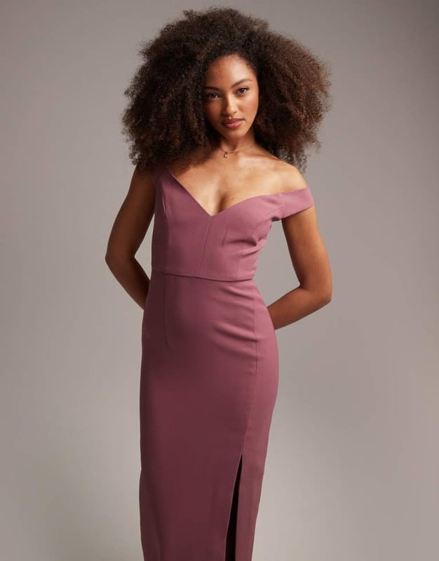 Dresses by ASOS DESIGN Bride approved Bardot neck Zip-back fastening Thigh-high split Slim fitSold By: Asos
