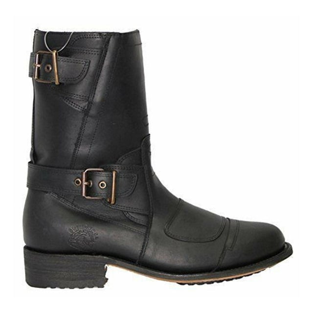 This cowboy style boot appears with a pointed toe, as well as a zip closure with buckles above the heel and at the start of the boot leg for secure fastening. This boot was manufactured with a Grinders proprietary sole unit, that has been heat bonded to the welt using the Goodyear method, which is known for increasing the strength of the boot and ensuring durability for years to come. The sole is also fitted with a unique air cushion that allows for added flexibility and which adds to the long-lasting qualities of this boot. Complete with a comfortable leather interior and exterior this high leg boot is a great piece for adding a stylish touch to your footwear. • Goodyear Welted • High leg silhouette with zip closure • Features stacked heels • Leather upper • Soft Leather lining • Rubber/Leather Soles • Made in Mexico