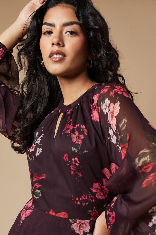 Petite Floral Chiffon Keyhole Mini Dress