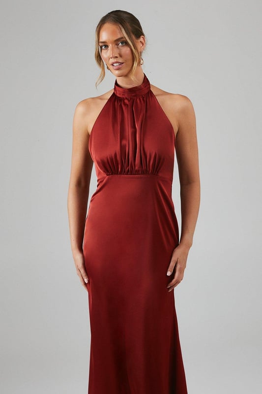 Satin Halter Bias Cut Maxi Bridesmaids Dress