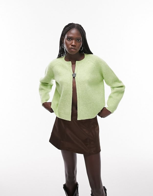Topshop knitted crop crew neck cardi in green