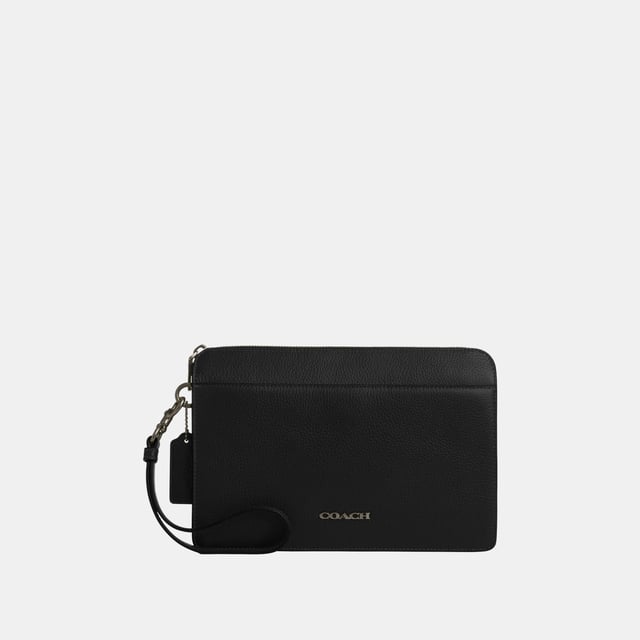 Zip Pouch in Pebbled Leather, Two credit card slots
 Inside multifunction pocket, Outside zip and magnetic snap pockets,  Length: 25.00 cm,  Width: 4.50 cm,  Height: 17.00 cm