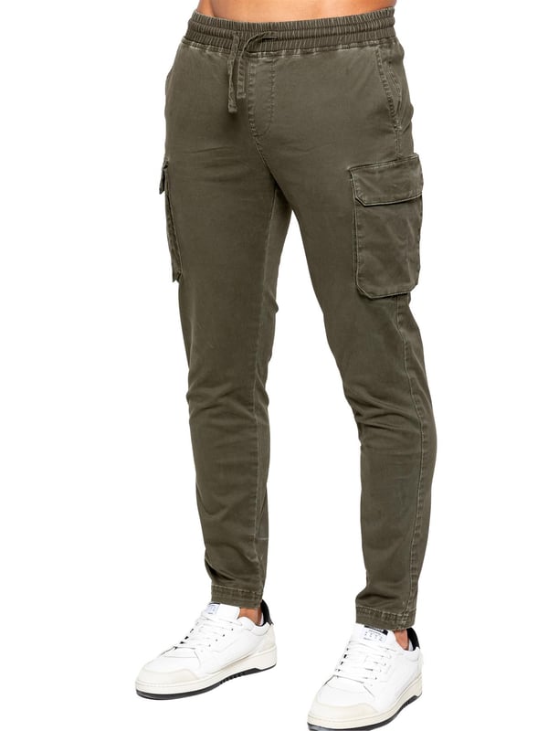 Enzo Mens Cargo Trousers. Regular Fit, Straight Leg, Enzyme Wash. 5 Pocket Design. 2 Side Pockets, 2 Cargo Pockets With Velcro Fastening. Single Back Welt Pocket. Elasticated Waistband With Adjustable Drawstring