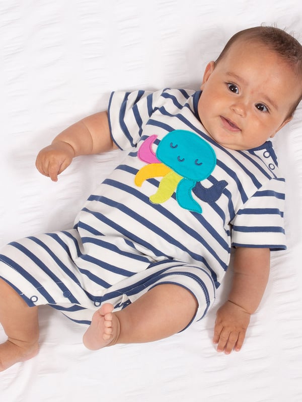 This colourful octopus romper is so comfy and versatile, it is the perfect choice for little crawlers, walkers and wrigglers! Made in organic cotton single jersey with a navy blue and cream stripe and adorable octopus appliqué front and centre. Match with the sea bubbas hat for the cutest style this season.