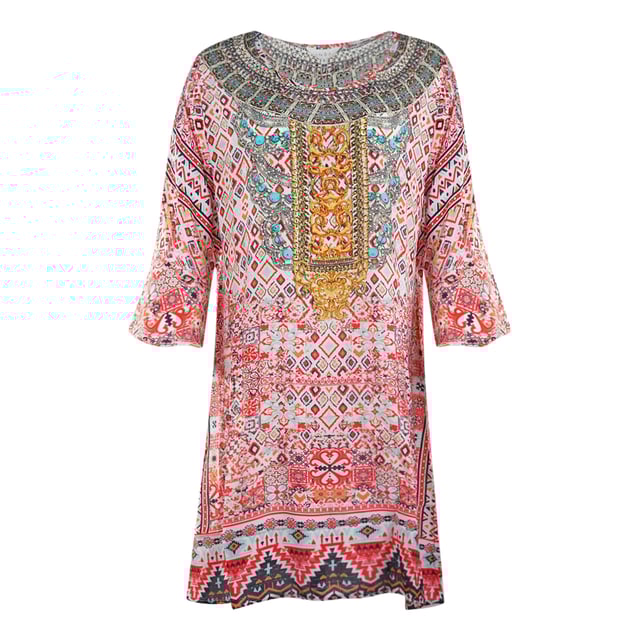 Inoa Aleppo 1928 Print Short Frill Multicoloured Kaftan Cover Up. Show off your style wearing the Inoa Multicoloured Kaftan. Its classic uneven Style and  flattering Print make it a timeless piece for your wardrobe. Crafted from luxurious fabric, you'll make a statement with every wear. Make a statement in style!. 100% Silk, Multi Colour Design, Frill Along Hem. Pull over, Beach wear, Shape Pattern. This Item is suitable for sizes UK 8- UK 14. Product Style: Aleppo 1928