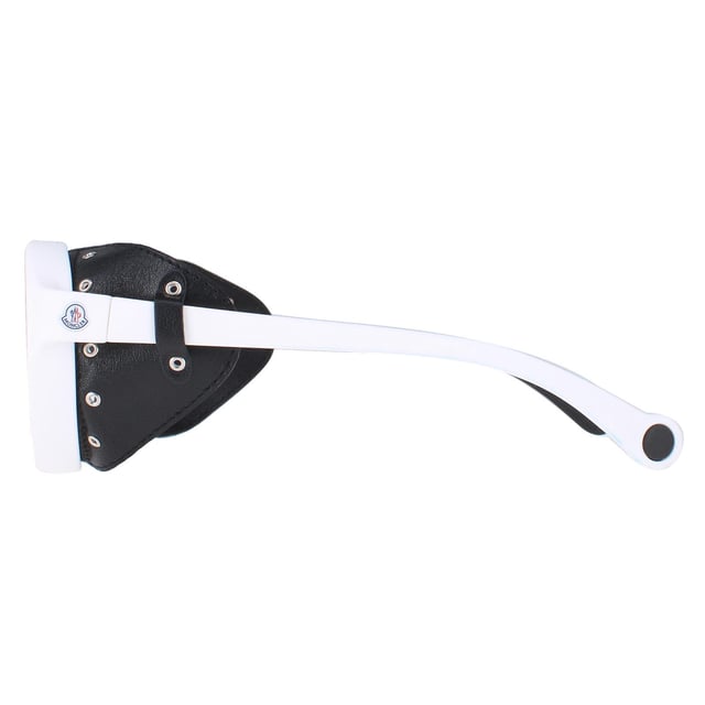 Moncler Round Unisex White Black Leather Grey Silver Mirror ML0046  Sunglasses are a round style crafted from lightweight acetate . These have removeable leather side inserts for extra protection and the Moncler logo on the temples.