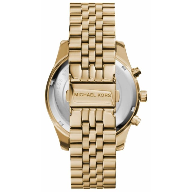 Japanese Quartz 3 Hand Chronograph Movement. Seconds, Minutes, And Hour Sub Dials. 45mm 316L Stainless Steel Gold Plated Case - Fluted 316L Stainless Steel Gold Plate Bezel - Scratch Resistant Mineral Crystal - Push-Pull Crown - Solid Caseback. Gold Tone Dial with Gold Tone MK Logo and Hands - Date Between 4 and 5 O'Clock - 3 Sub-Dials - Gold Plated Hour Batons. 22mm Lug Width - 316L Stainless Steel Gold Plated Jubilee Style Bracelet with Push Button Folding Clasp. Water Resistant to 100 Meters 10ATM. This Watch comes with the correct Retail Packaging and Paperwork.