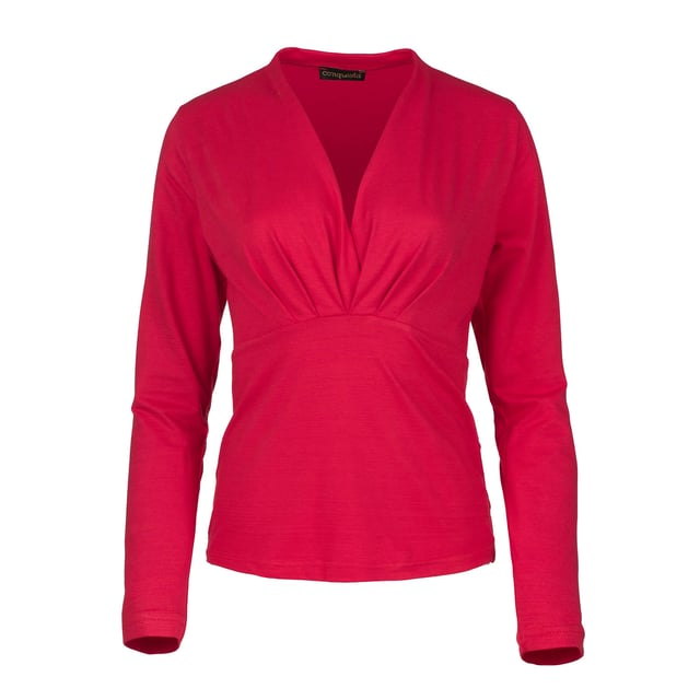 Light Red top in jersey fabric. Long sleeves with a faux wrap front creating a deep V neckline. Seam beneath the bust. Length, for size 36/S - 62cm.