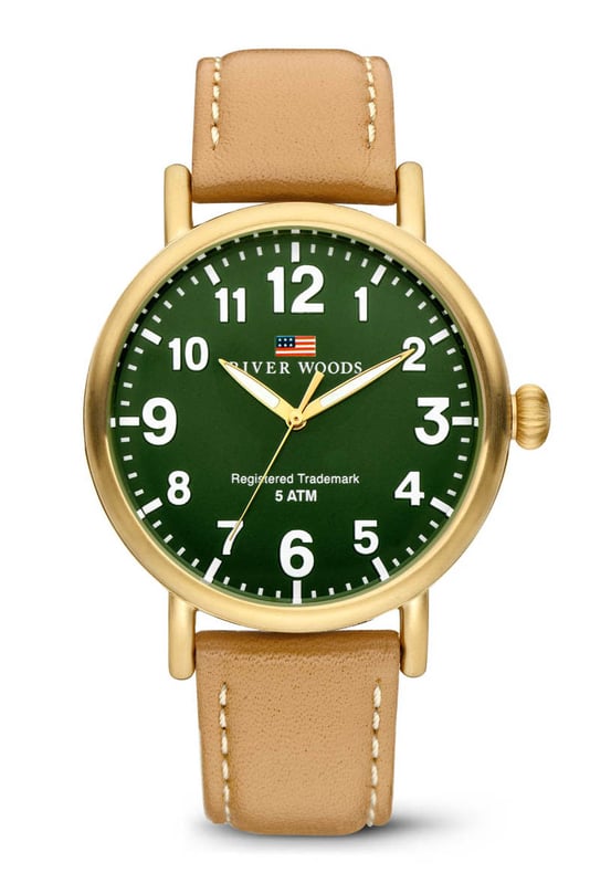 This River Woods Sacramento Analogue Watch for Men is the perfect timepiece to wear or to gift. It's Gold 42 mm Round case combined with the comfortable Brown Leather watch band will ensure you enjoy this stunning timepiece without any compromise. Operated by a high quality Quartz movement and water resistant to 5 bars, your watch will keep ticking. This elegant, classic watch is a perfect gift for New Year, birthday,valentine's day and so on -This Analogue watch has a function: Luminous Hand High quality 21 cm length and 19 mm width Brown Leather strap with a Buckle Case diameter: 42 mm,case thickness: 9 mm, case colour: Gold and dial colour: Green