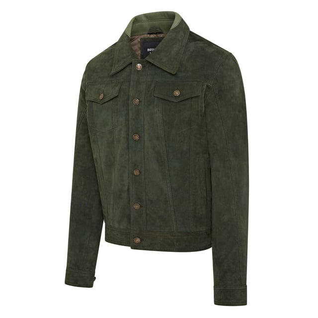 Introducing the Men's Trucker Casual Goat Suede Leather Shirt Jeans Jacket. This stylish, denim-inspired shirt is reimagined in the softest goat suede leather, offering a luxurious feel with a nod to 70's Americana. The slim-fit design makes a bold style statement, while the press button fastening, adjustable waistband, and cuffs add comfort and versatility. Perfect for pairing with your favorite jeans and boots, this retro jacket combines classic and contemporary effortlessly.

Slim fit for a modern silhouette
Press button fastening for easy wear
Adjustable waistband and cuffs for customized comfort
Soft goat suede leather for a luxurious feel
Inspired by 70's Americana for a timeless style