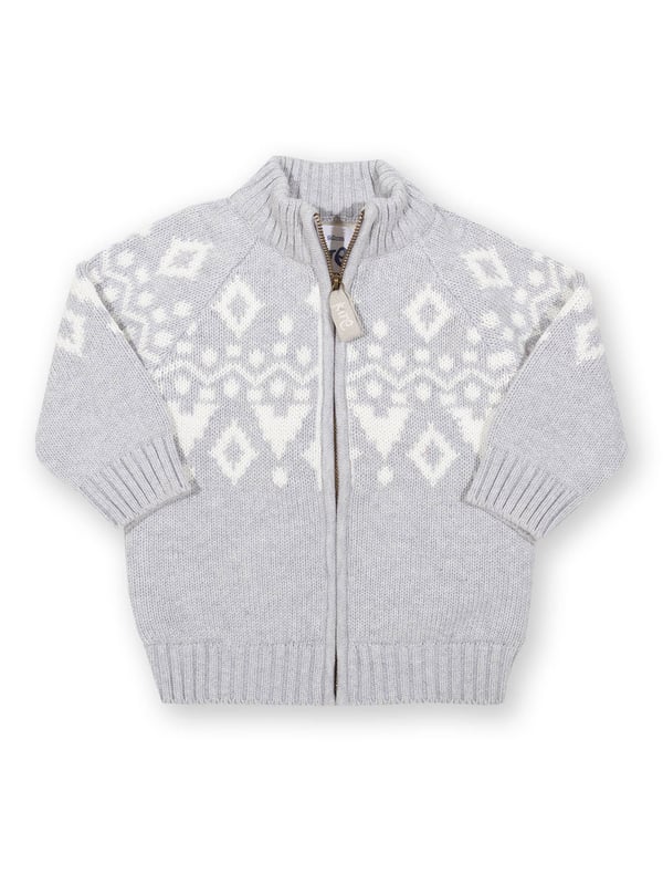 When cooler weather comes knocking your little one will love to throw on this mini Jurassic jacket. This snuggly little number is made from organic cotton with a beautiful cream Fair Isle knit design around the yoke and a warm fleece lining in the body.