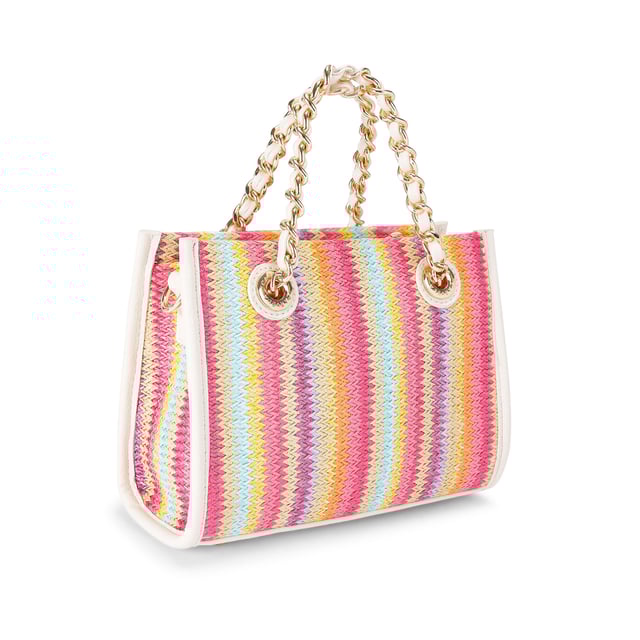 This Carvela Mini Leila Raffia Tote bag Is crafted from a rainbow striped woven raffia. There are two smaller gold chain straps on top of the bag and an optional cross body strap. Dimensions: 17cm (H), 20cm (L), 9cm (D). Strap length: 127cm.