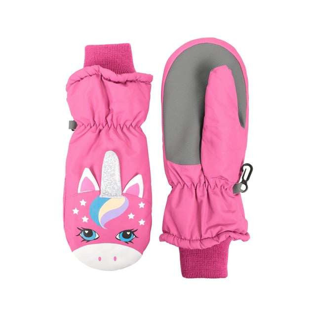 Attachment Clip, Elasticated Wrist, Gripped, Textured Fingers, Textured Palm. Fabric Technology: DWR Finish, Showerproof, Snowproof, Water Resistant. Cuff: Ribbed. Design: Printed, Unicorn.